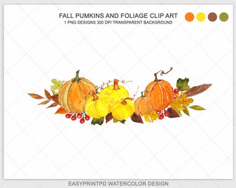 Pumpking Clip Art, Watercolor Pumpkins Clipart, Autumn Clipart, Digital Watercolor, Fall Harvest Garden Clip Art, Halloween Digital Clip Art