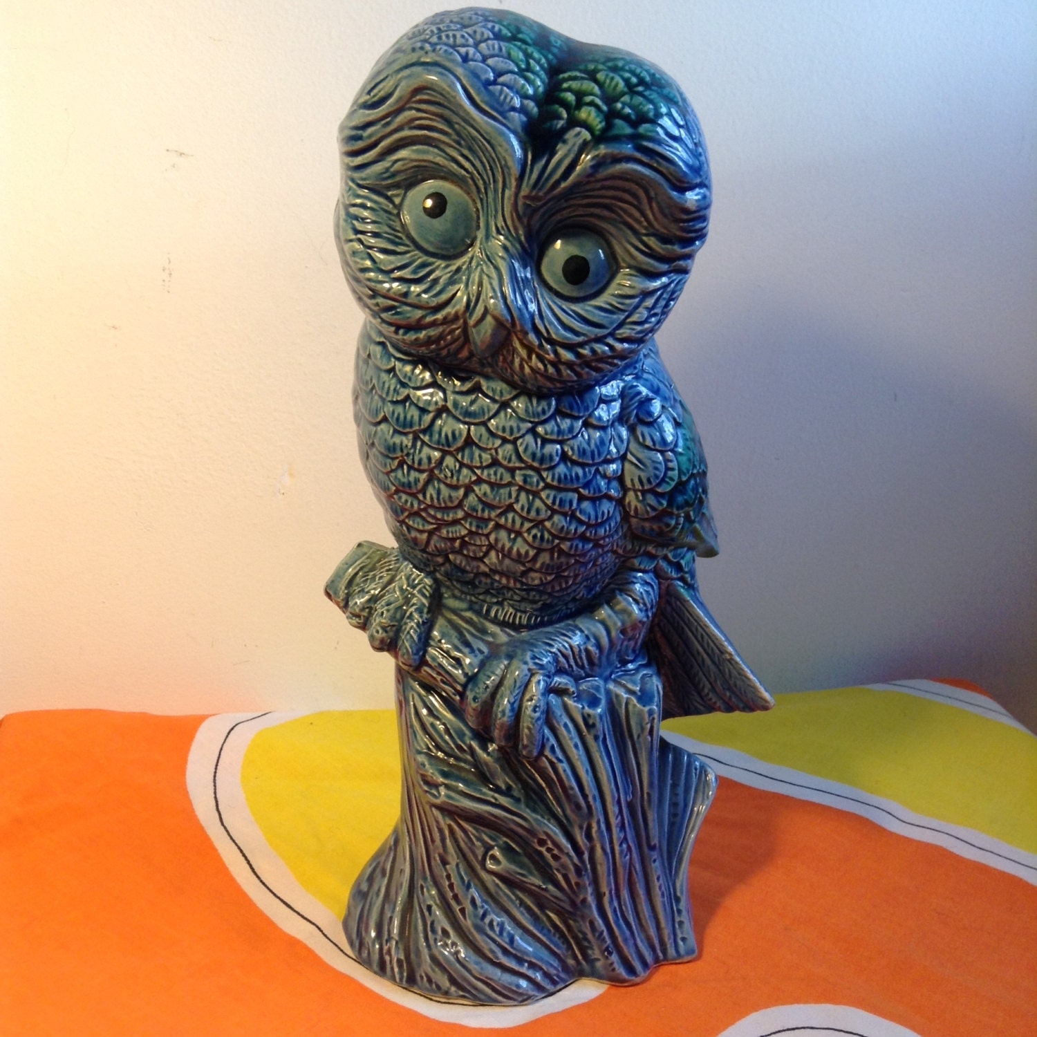 Large Ceramic Owl Figure. Blue glaze OWL.