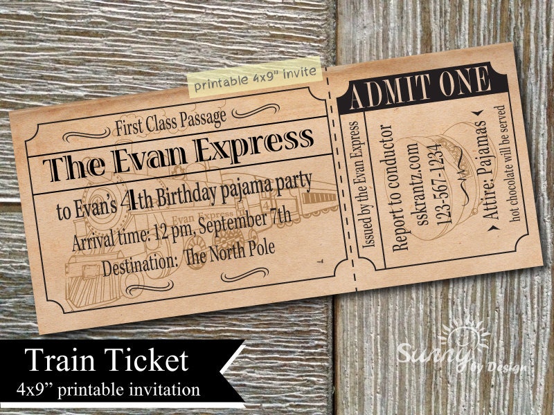 Vintage Train Ticket 4x9 printable invitation