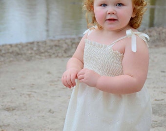 Ivory Eyelet Flower Girl Dress, beach wedding white dress, beach portrait, confirmations, 6m,9m,12m,18m,2t,3t,4,5,6,7,8,10