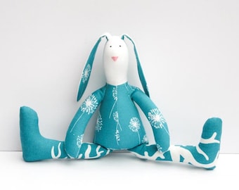 Stuffed bunny rabbit hare stuffed toy plush bunny doll softie animal toy turquoise white baby shower birthday gift boy girl