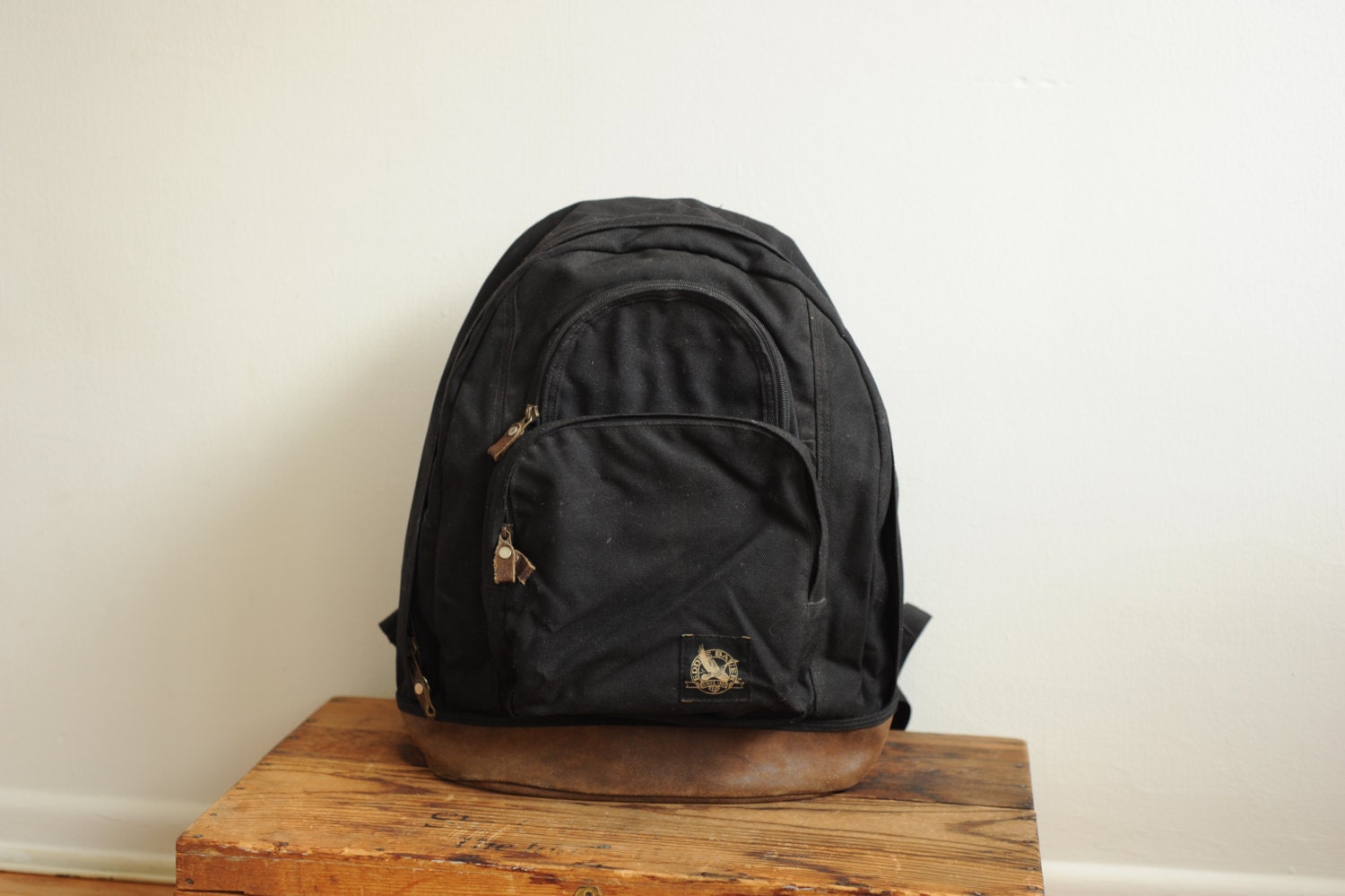 Vintage Eddie Bauer Black Backpack with Leather Bottom