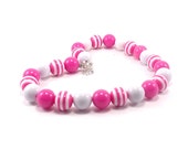 Chunky Round Gumball Necklace, Pink and White, Stripes, Colorblocking, Big Bead Necklace, Multicolor, Single Strand Statement Necklace