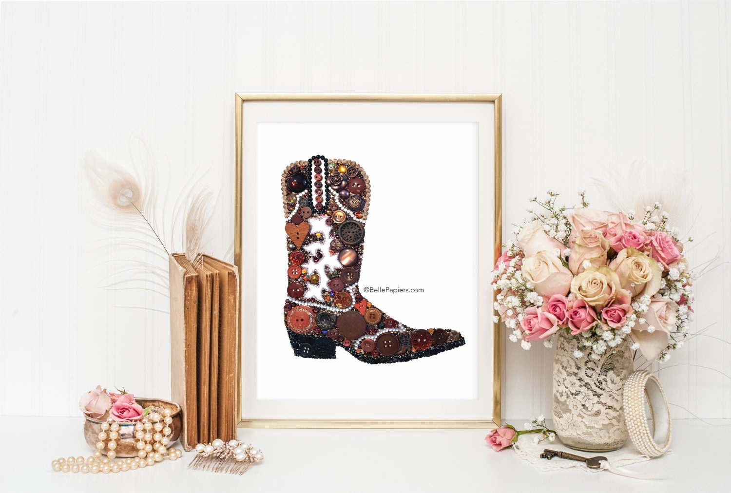 Button Art Cowboy Boot 11x14 Cowgirl Boot Southwestern Art