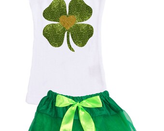 St Patricks Day, Lucky Clover, Shamrock, Green and White, Girls Tutu Clothing Set