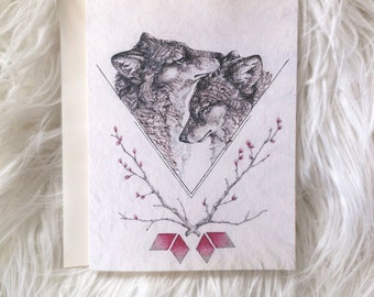 Illustrated Wolf Card- individual wolf love note card with envelope