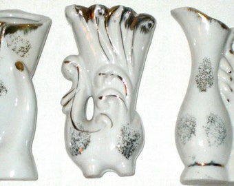 3 vintage white ceramic vases marked Japan 2 are hand vases gold accents trio