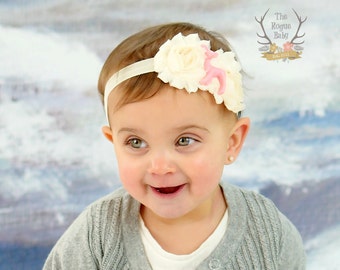 Little Pink Deer Headband - Cream Elastic Chiffon with Pink Fawn - Newborn Infant Baby Toddler Girls