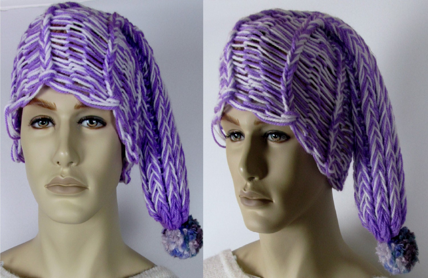 Loom knit elf/beanie hat in multitones different colors