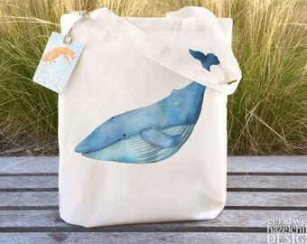 Blue Whale Tote Bag, Ethically Produced Reusable Shopper Bag, Cotton Tote, Shopping Bag, Eco Tote Bag, Reusable Grocery Bag
