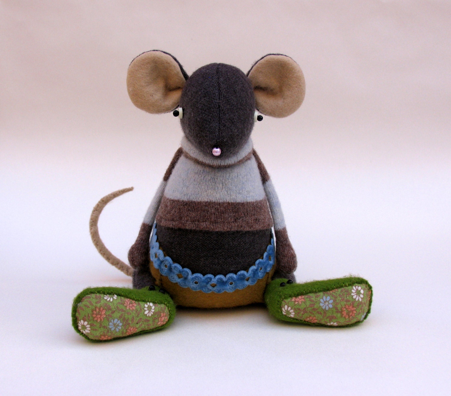 Grey Fabric Mouse Handmade plush mouse wearing stripey