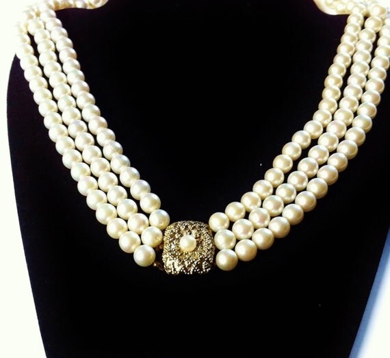 Faux Pearl Necklace Triple Strand Vintage by PrettyShinyThings4U