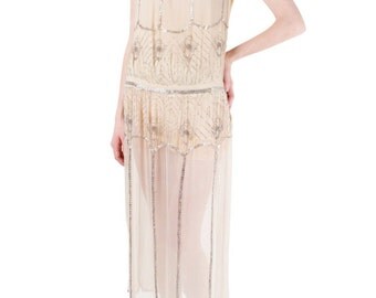 1920's Elegant Vintage Cream Dress with Intricate Beading Sequence Sz. S/M/L