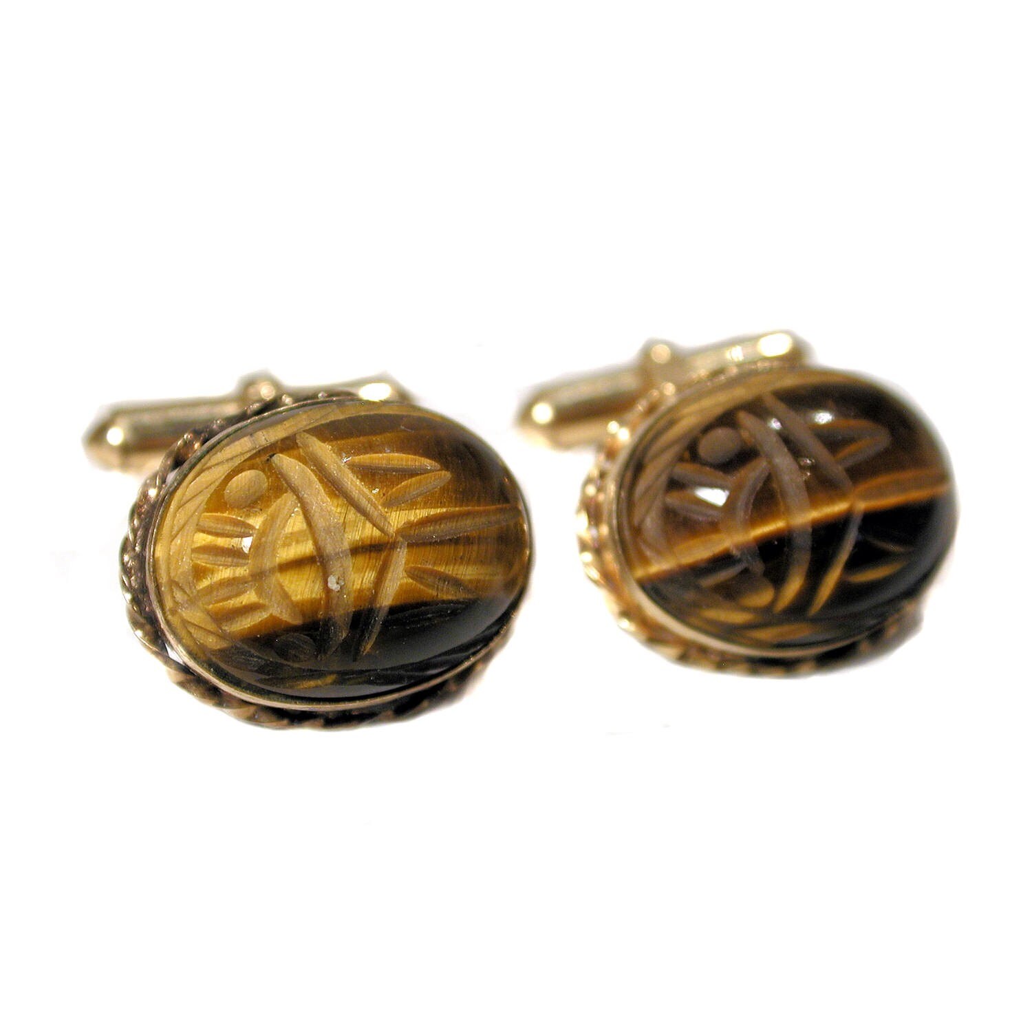 Tiger Eye Cufflinks Vintage 12k Gold Filled Cufflinks Carved