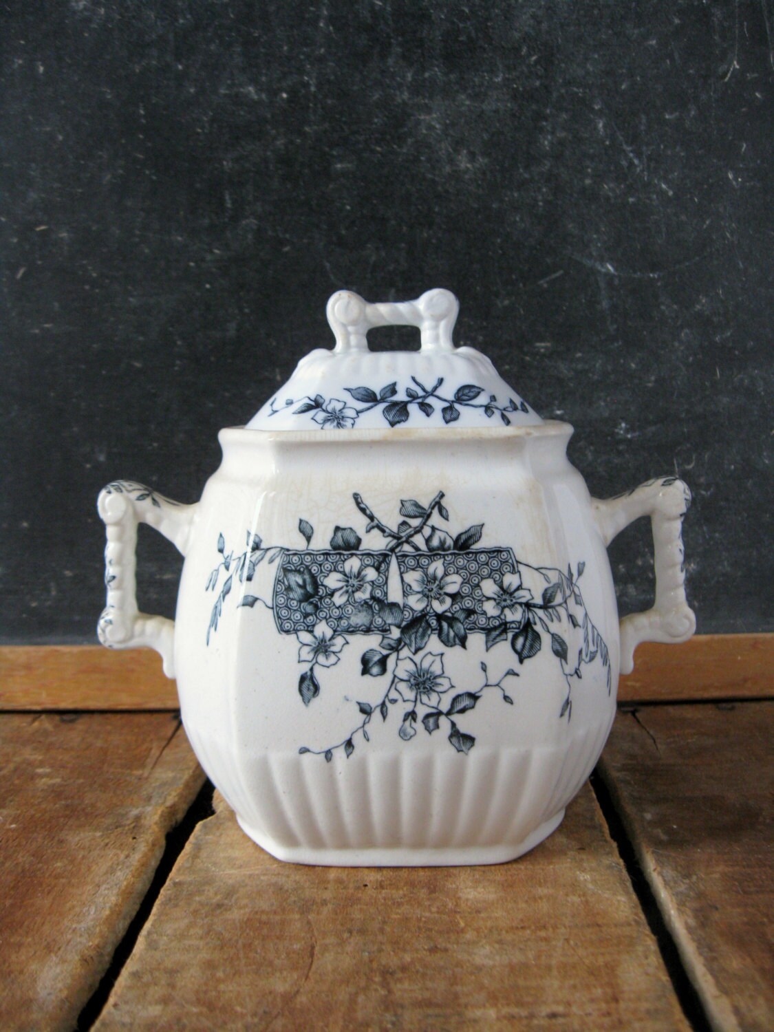 Antique Ironstone Sugar Bowl, 1860s Blue Transferware Ironstone Sugar