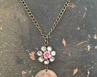 Yen Coin and Rhinestone Flower Charm pendant