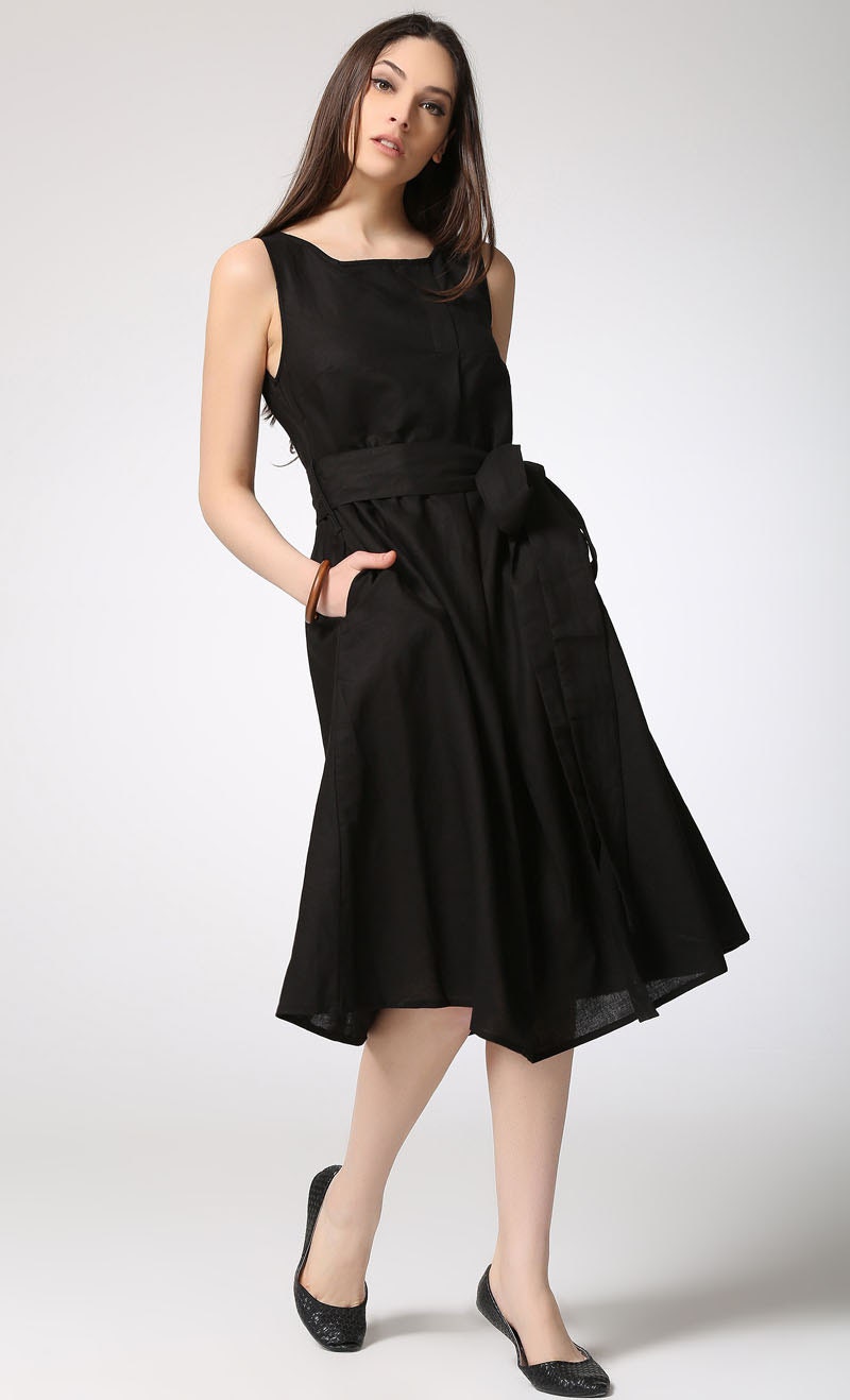 Black linen dress women midi dress C422
