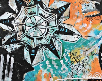 Black Star - black blue orange original mixed media painting funky doodle art acrylic collage art