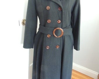 Vintage 1960s belted trench coat, black, long, S to M