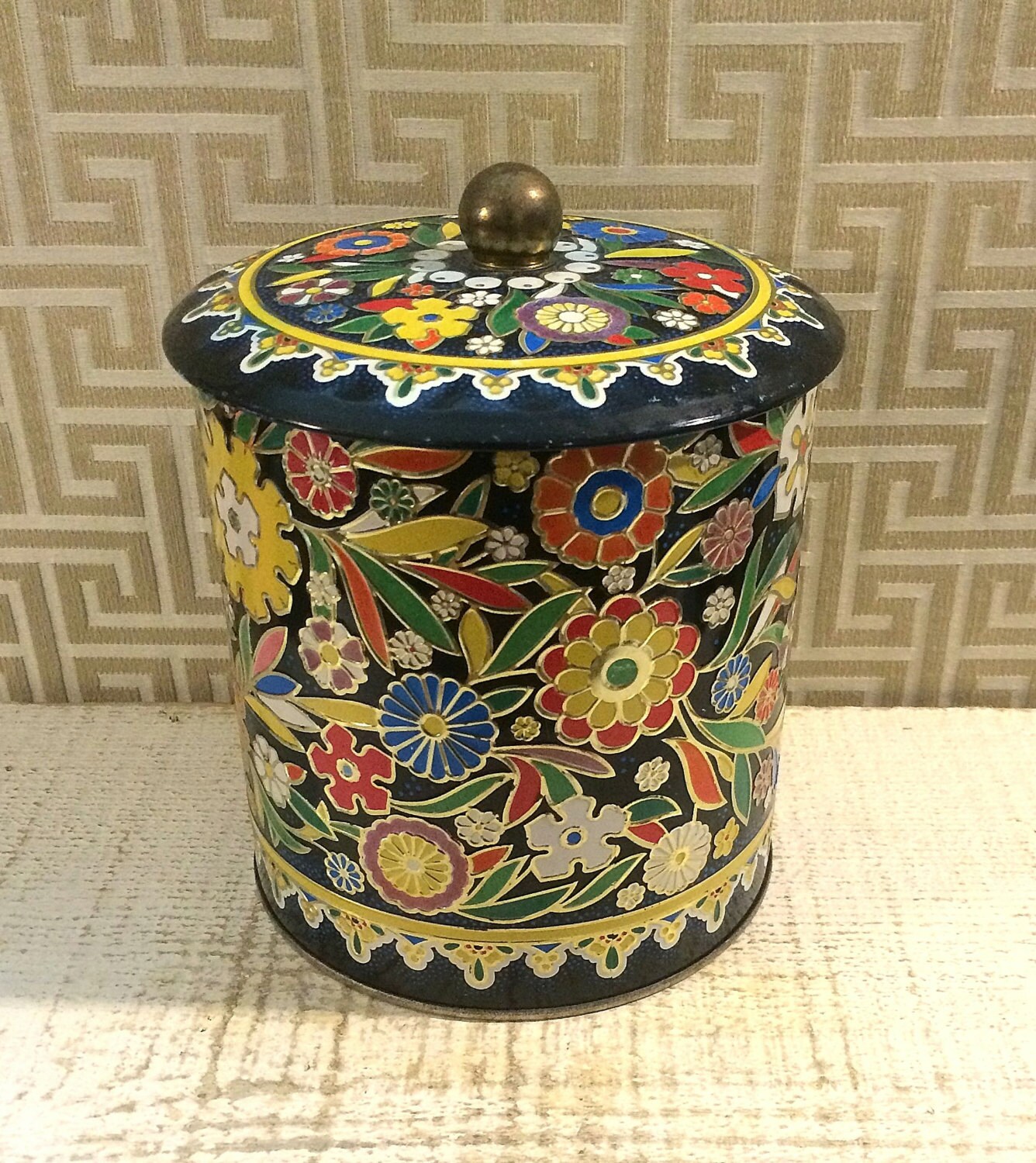 Vintage Tin Box Bright Floral Art Embossed Art