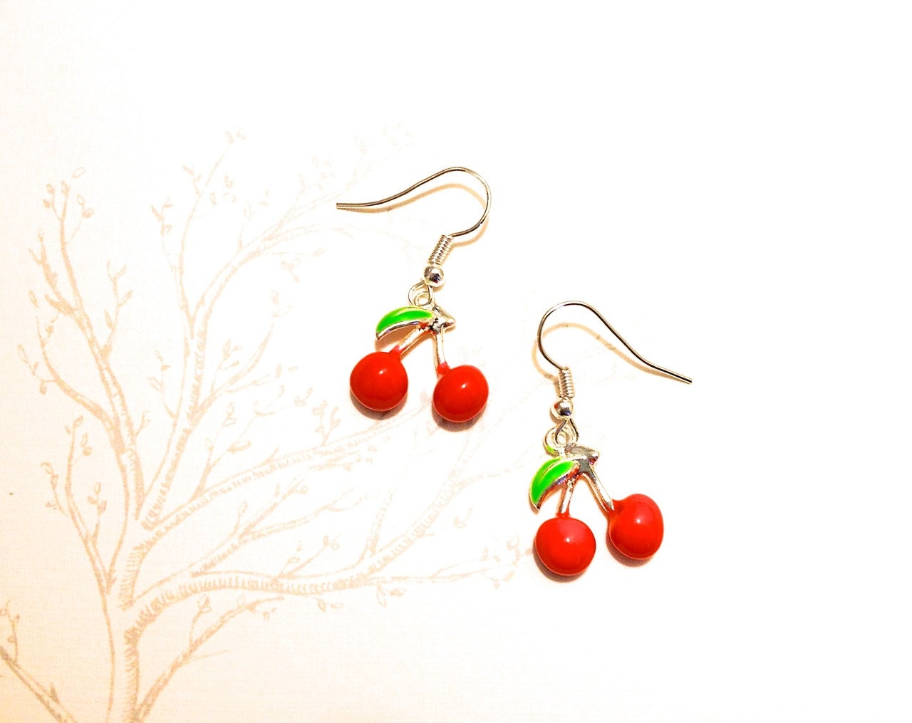 Handmade cherry earrings silver plated loop enamel cherries
