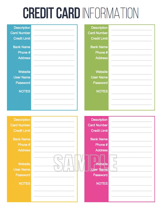 Credit Card Information Printable EDITABLE Personal