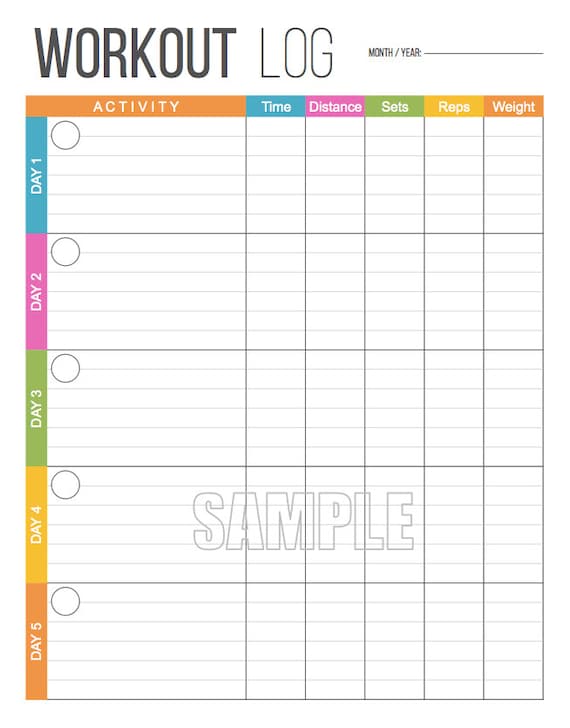 Workout Log Exercise Log Printable for Health and Fitness