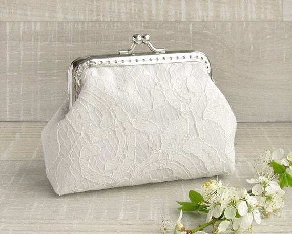 Lace wedding purse white bridal small clutch with kisslock