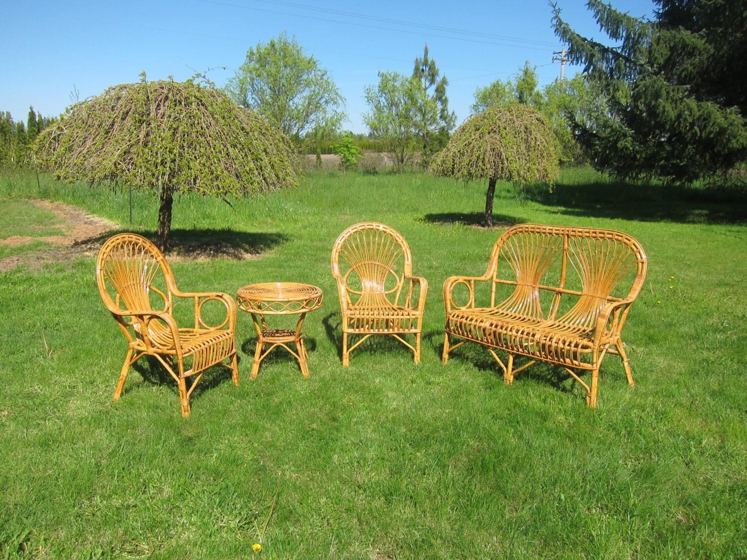 Mid Century Modern Rattan Patio Furniture Set 4 Pieces Excellent