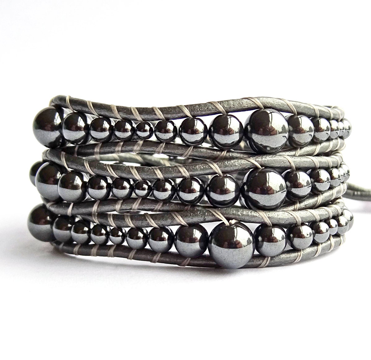 Silver Wrap Bracelet Hematite Bracelet Dark Silver Leather