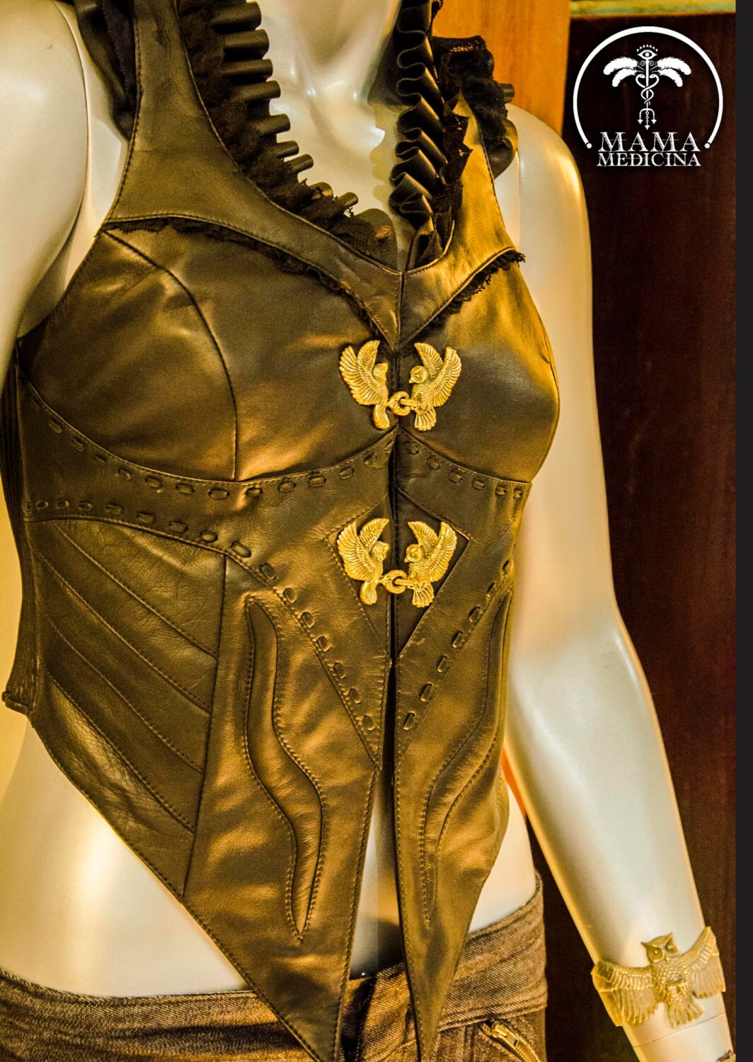 APHRODITE LEATHER VEST ~ Black Mini. Festival, steampunk, baroque, victorian. Genuine leather. Brass hardware. Fully lined. Brass Owl Clasp.