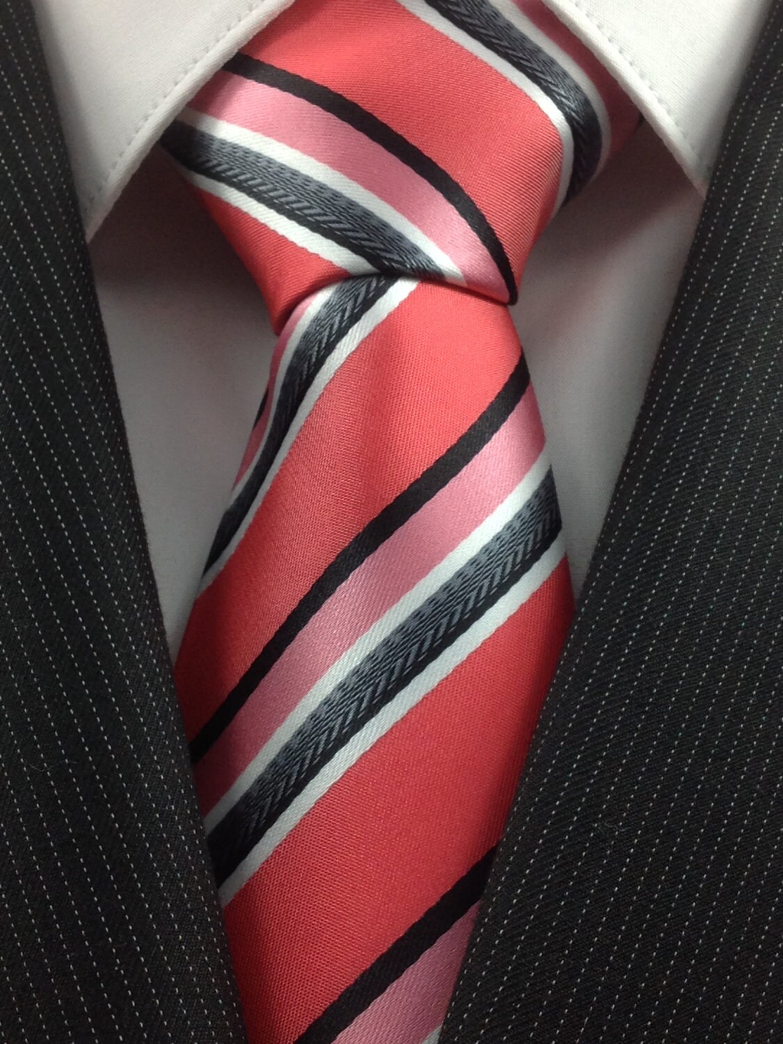Coral Pink Silver Stripe Tie with matching Pocket Square