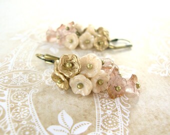 Neo Victorian Flower Cluster Earrings - Pink Gold and Ivory Czech Flower Earrings - Brass Vintage Style Flower Jewelry Cottage Chic Wedding