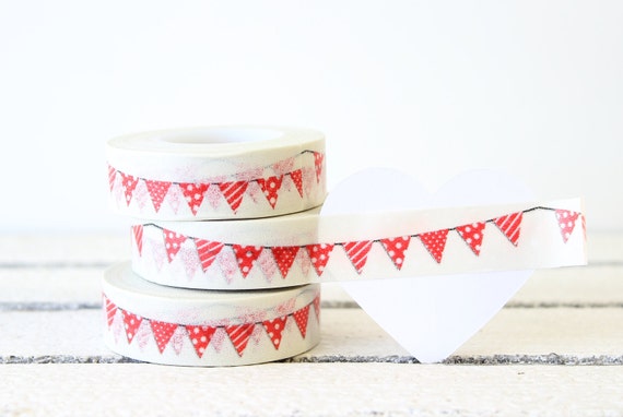 Red Bunting Washi Tape, Planner Washi Tape, Decorative Paper Tape, Planner Decoration, Planner Sticker, Valentine Craft Gift Wrap