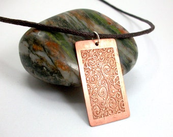 Spiral necklace, etched copper jewellery, hand drawn art