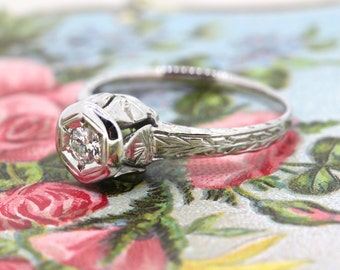 SALE Antique Engagement Ring | Art Deco Diamond Ring | Dainty Vintage Promise Ring | 18k White Gold Ring | Stacking Ring | Size 3.25