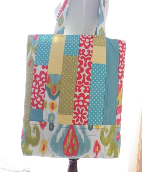 Quilted Patchwork Zippered Tote Bag with ikat print