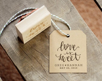 Love is Sweet Rubber Stamp for Wedding Favors, Treat Station, With or WIthout Personalized Name and Date