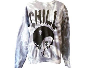 Gray Tie Dye Chill Sweatshirt - Alien Shirt, Yin Yang Jumper - Drippy Grunge Sweatshirt