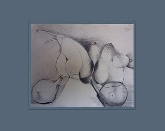 Still life original pencil drawing Erotic still life PEARS and FIGS pears signed by the artist Paul Woods 1996