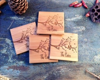 Set of coasters, cats in love 4 x 4 x 1/4 inch bamboo, Free Engraving Included! Beautiful Wood!