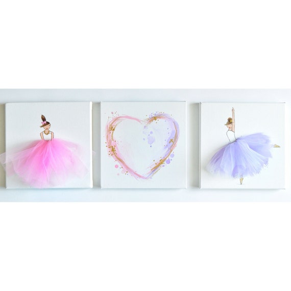 NEW! Set of Ballerina/Heart Canvases - Hand painted Canvas, nursery artwork, baby shower, baby room, nursery decor, lavender room