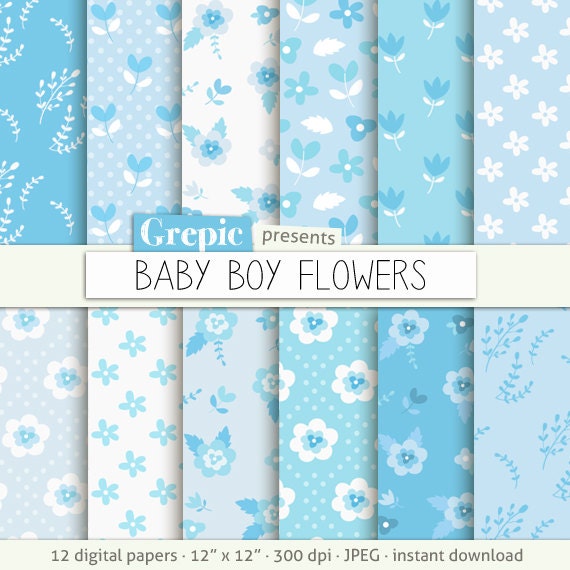 Baby Boy Digital Paper Baby Boy Flowers Baby Digital Clip Art