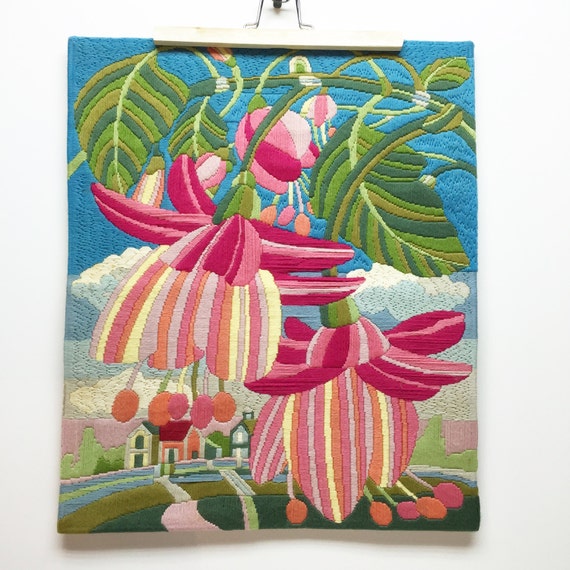 1970s Crewel Floral Embroidery Wall Hanging by GreenBeeKC on Etsy