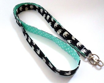 Elephant Lanyard, Aqua and Black, Polka Dot ID Holder, Fabric Key Holder, Teacher Gift, Stocking Stuffer