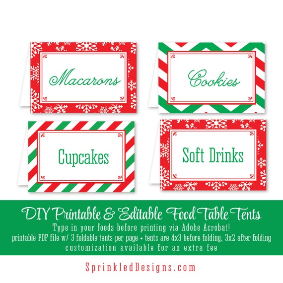 Printable Party Food Tents Folding Editable Text Buffet Place Cards Christmas Holiday Party