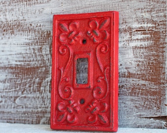 Single Light Switch Plate Cover Red Cast Iron Fleur de lis Light Switch Cover, Red Wall Decor, Rustic Wall Decor, Switchplate Cover