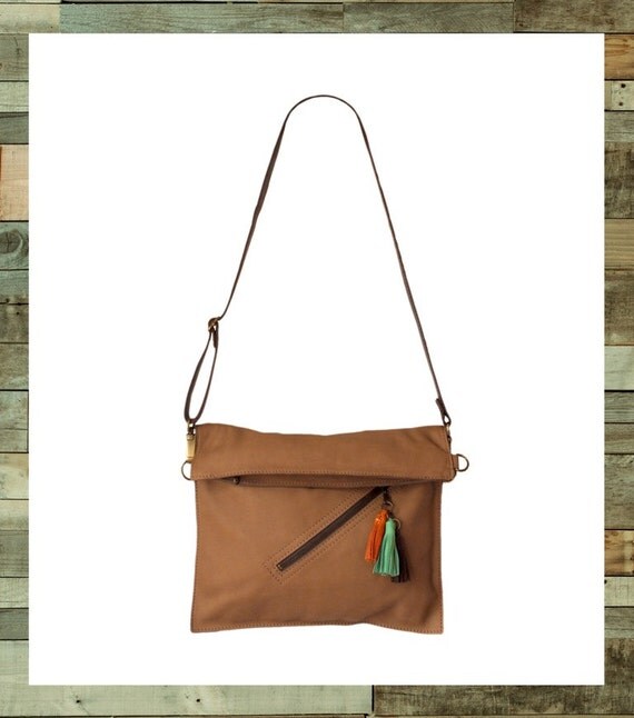 Foldover crossbody bag Camel cross body purse fold by Percibal