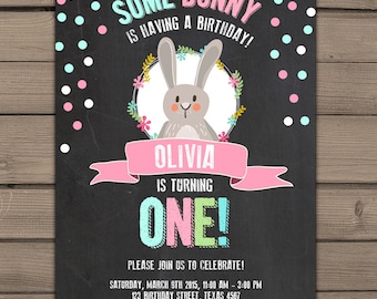 Some Bunny Birthday Invitation Spring birthday invitation Pink First Birthday Chalkboard Invitation Easter photo Digital PRINTABLE ANY AGE