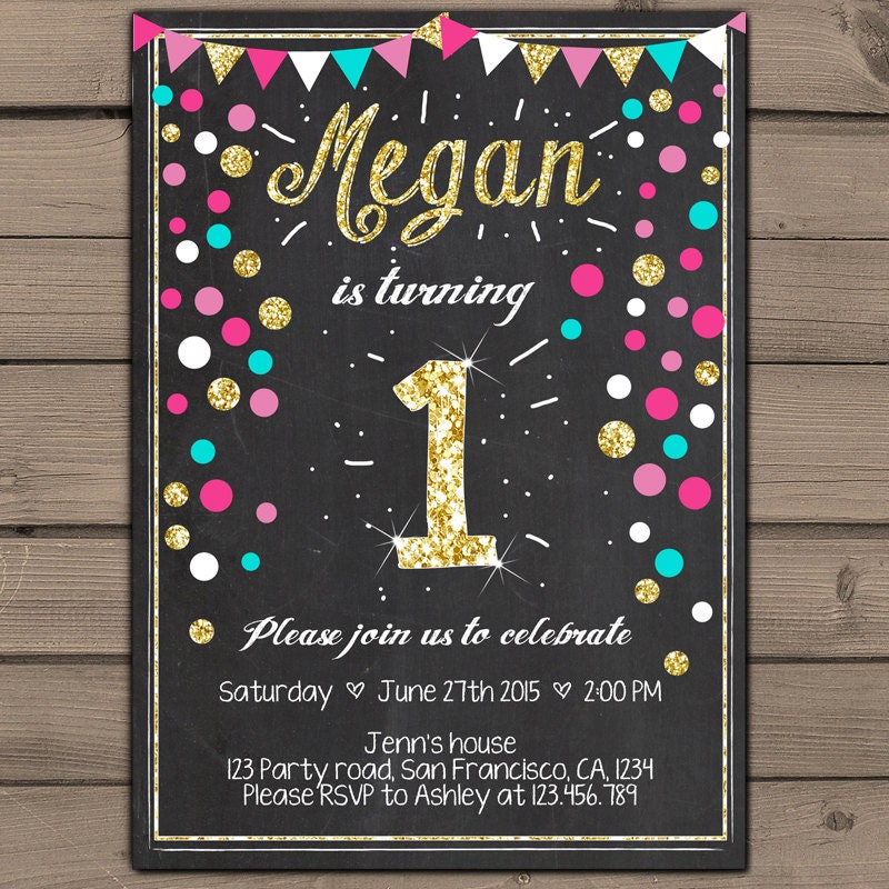 Pink Turquoise gold Birthday invitation Gold First Birthday